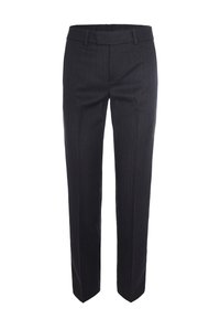 Pantaloni neri a righe con una vestibilità su misura, caratterizzati da una parte anteriore piatta, passanti per cintura e gambe dritte. Realizzati in un tessuto liscio.