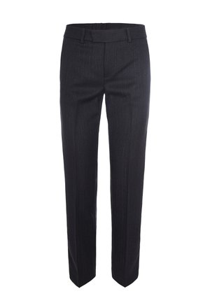 Pantaloni neri a righe con una vestibilità su misura, caratterizzati da una parte anteriore piatta, passanti per cintura e gambe dritte. Realizzati in un tessuto liscio.