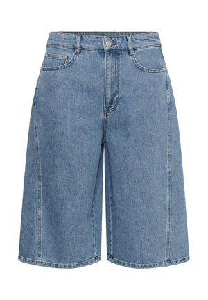 Modré rifľové šortky dĺžky po kolená s prednými vreckami, pútkami na opasok, zapínaním na gombík a viditeľnými švami.