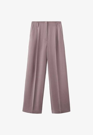 High-waist mauve wide-leg trousers with pleats, front pockets, belt loops, and concealed front fastening.