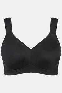 Sort trådløs BH med brede polstrede stropper og glatte støbte skåle, designet til komfort og støtte.
