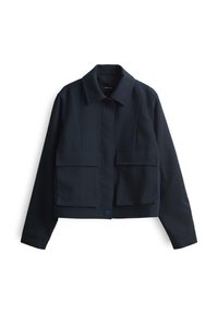 Navy blue jacket made of woven fabric, featuring a collar, two large front pockets, and a button closure at the waist.
