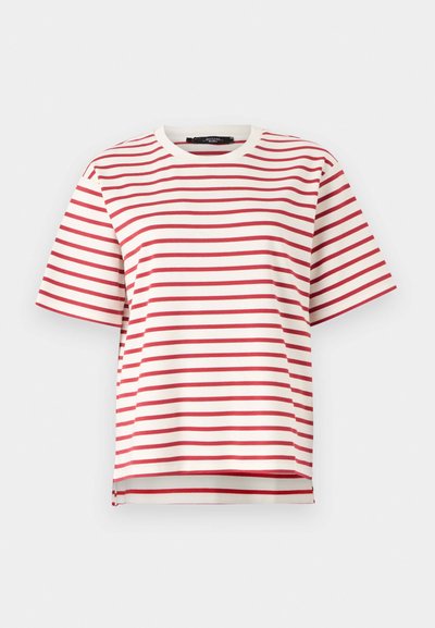 Red and white striped t-shirt featuring a round neckline and short sleeves. Made from lightweight fabric with a relaxed fit.