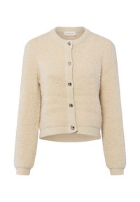 Beige gebreid vest met een pluizige textuur, geribbelde manchetten en zoom, en zes zilveren knoopsluitingen aan de voorkant. Ronde halslijn.