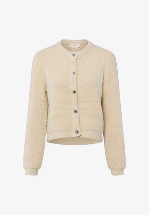 Beige knitted cardigan with a fuzzy texture, ribbed cuffs and hem, and six silver button closures down the front. Round neckline.