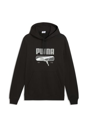 Schwarzer Puma-Hoodie mit vorderer Kängurutasche, Kapuze mit Kordelzug und großem silbernem Puma-Logo und Text auf der Brust.