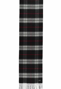 Écharpe noire avec motif à carreaux blanc et gris, fines lignes rouges entrecroisées, extrémités à franges et petite étiquette de marque noire.