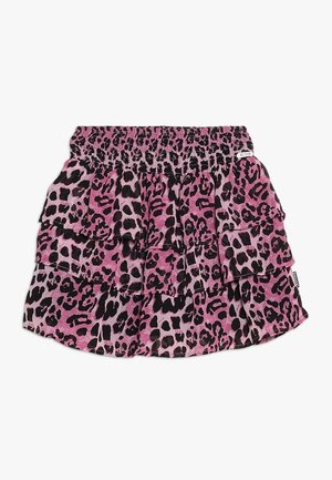 Lyserød leopardmønstret nederdel med elastisk talje, der har tre voluminøse lag, lavet af letvægtsstof med en glat tekstur.