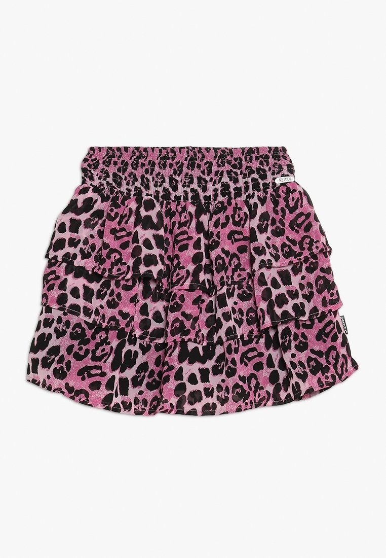 Jupe à imprimé léopard rose avec une taille élastique, comportant trois volants, fabriquée en tissu léger au toucher doux.