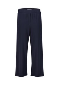 Granatowe spodnie w stylu wide-leg z elastycznym paskiem, wykonane z miękkiego, rozciągliwego materiału, charakteryzujące się gładką fakturą i bez widocznych kieszeni.