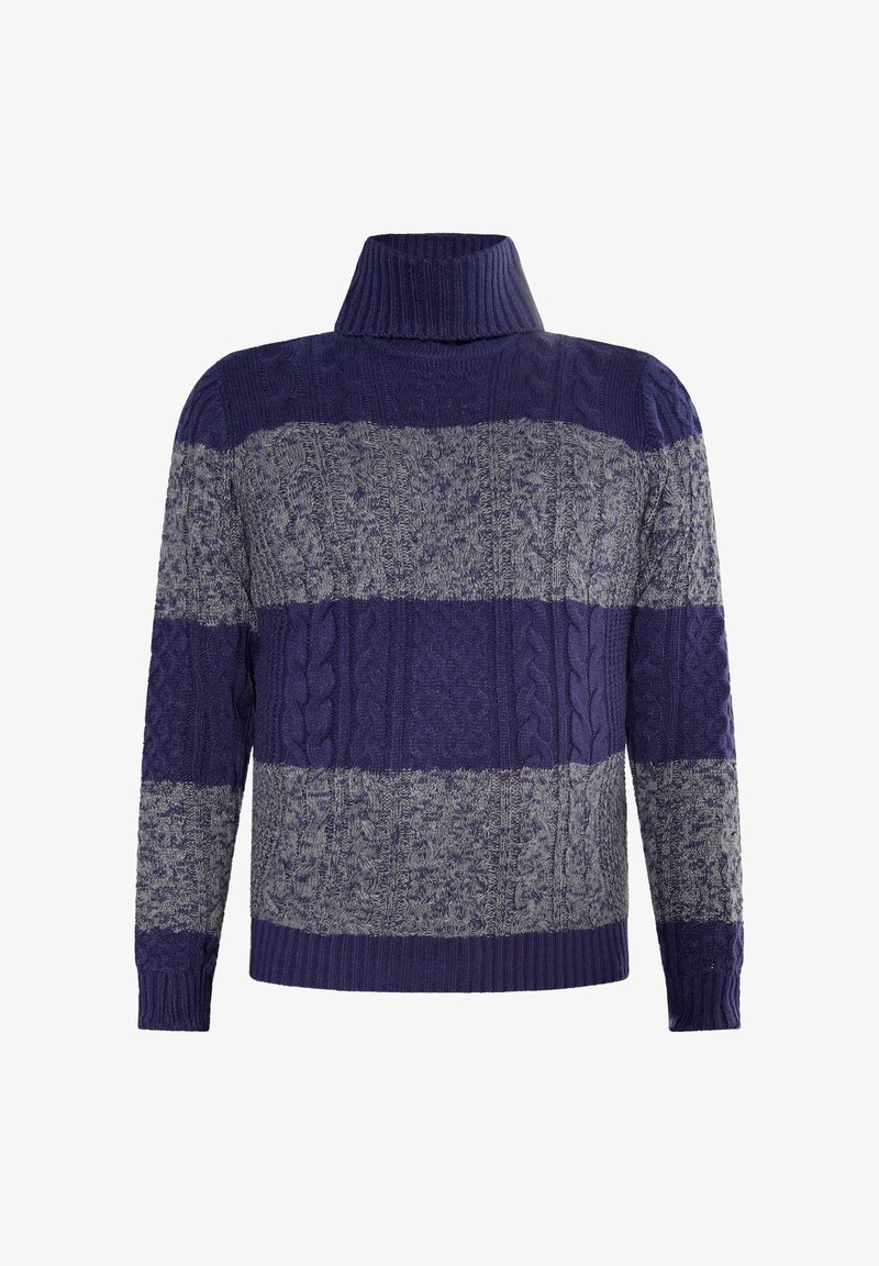 Purple and gray striped knitted turtleneck sweater featuring cable-knit patterns and ribbed cuffs. Soft texture with a relaxed fit.