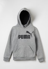 Grå huvtröja i bomullsblandning, med en känguruficka och en svart Puma-logga tryckt på framsidan. Mjuk textur.