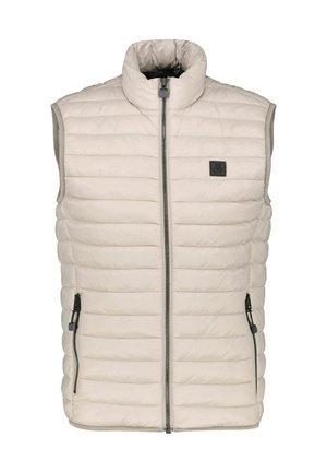 Light beige puffer vest with high collar, front zip closure, and two side pockets. Horizontal quilted pattern with discreet logo detail.