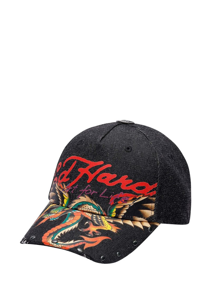 Black denim cap featuring a colorful dragon graphic on the front, red and purple text, and black studs along the brim.
