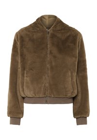 Hnědá umělá kožušina bomber bunda se zipem vpředu, žebrovanými manžetami a spodním lemem. Obsahuje boční kapsy a zaoblený výstřih pro pohodlné nošení.