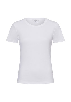 Weißes Kurzarm-T-Shirt aus weichem Baumwollstoff, mit einem klassischen Rundhalsausschnitt und einer glatten, einfarbigen Oberfläche ohne Muster.