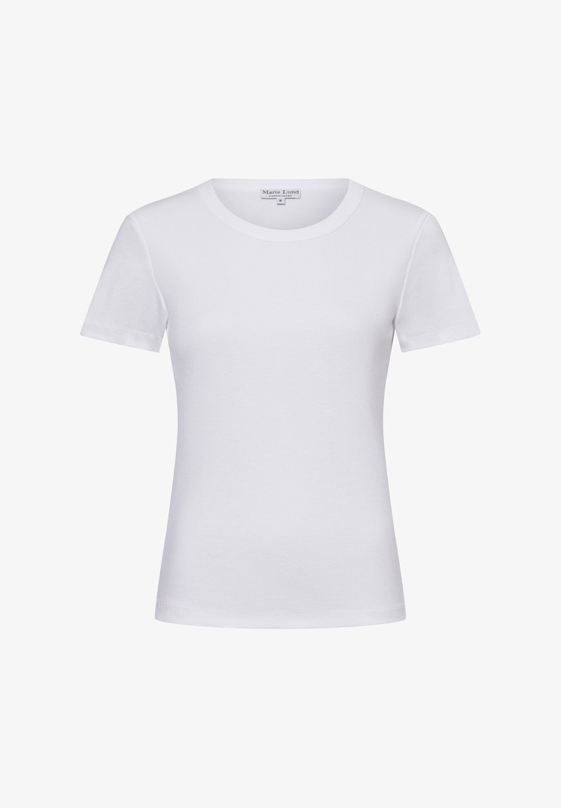 Weißes Kurzarm-T-Shirt aus weichem Baumwollstoff, mit einem klassischen Rundhalsausschnitt und einer glatten, einfarbigen Oberfläche ohne Muster.