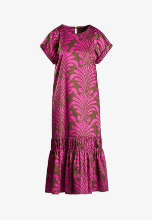 Brown dress with a pink floral pattern, short sleeves, and a gathered ruffle hem. Fabric appears smooth and lightweight. Back keyhole opening.