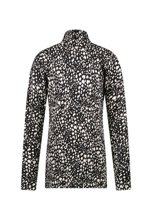 Schwarz-weißes Langarmoberteil mit hohem Kragen, strukturiertem Stoff und einem verstreuten Punktmuster.