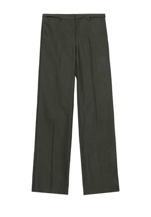 Pantalons larges en tissu vert foncé, avec une taille plate, des détails plissés, des poches traditionnelles et des passants de ceinture.