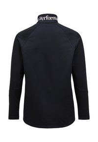Top performante a maniche lunghe nera con colletto alto e testo bianco "Performa". Realizzato in un tessuto liscio e elasticizzato con maniche raglan.