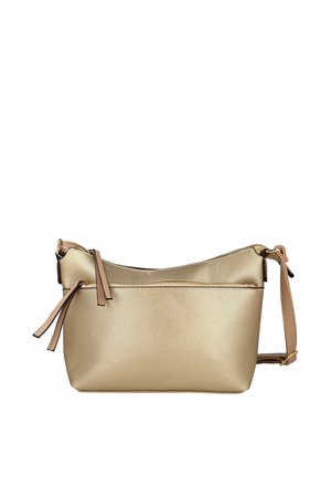 Bolso bandolera texturizado dorado con bolsillo delantero con cremallera y correa ajustable en color topo, mostrado sobre fondo blanco.