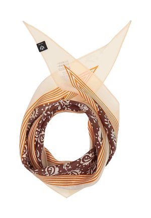 Square scarf with brown paisley pattern and orange stripes on a beige background, folded in a loop with crossed ends.