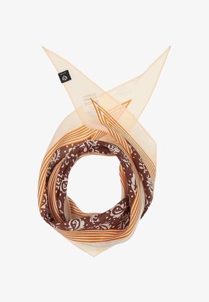 Square scarf with brown paisley pattern and orange stripes on a beige background, folded in a loop with crossed ends.