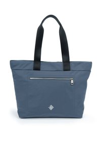 Sac fourre-tout en tissu bleu foncé avec des poignées noires, comportant une poche zippée à l'avant et un logo subtil dans le coin.