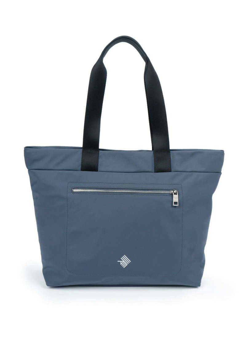 Sac fourre-tout en tissu bleu foncé avec des poignées noires, comportant une poche zippée à l'avant et un logo subtil dans le coin.