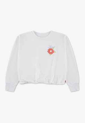 Hvid sweatshirt med lange ærmer, ribstrikkede manchetter og rund hals. Har farverig blomsterbroderi og ordet "Levi's" nær designet.