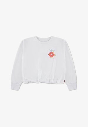 Bela majica z dolgimi rokavi, rebrastimi manšetami in okrogelim izrezom. Na njej so pisani cvetlični vezeni okraski in beseda »Levi's« ob vzorcu.