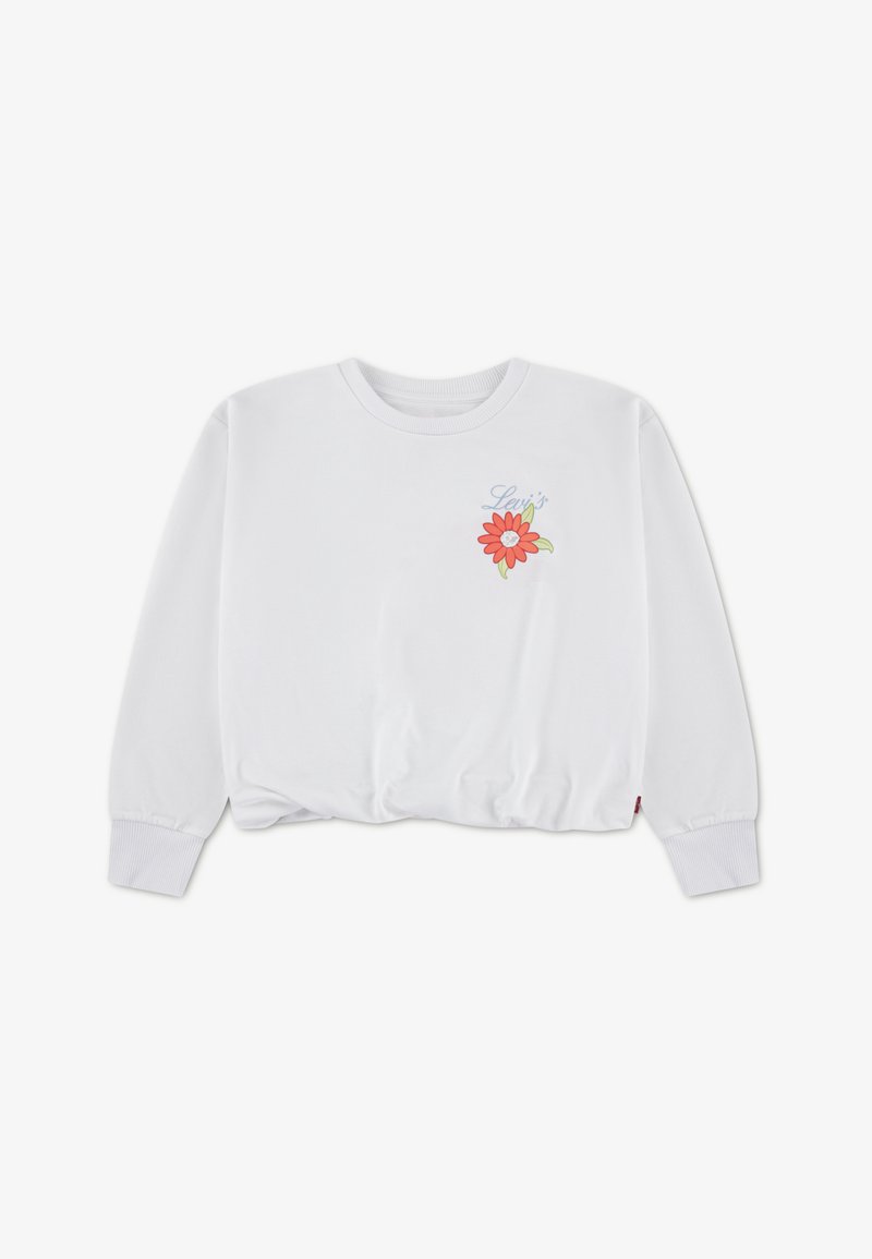 Sweat-shirt blanc à manches longues, poignets côtelés et col rond. Présente une broderie florale colorée et le mot "Levi's" près du motif.