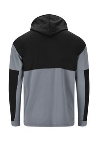 Huppari, jossa on kaksivärinen muotoilu: musta yläosa ja harmaa alaosa, pitkät hihat ja sileä pinta.