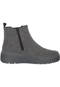 Bottines en suede gris avec fermeture éclair, semelle en caoutchouc épaisse et finition texturée. Présente un tirant à l'arrière pour un enfilage facile.