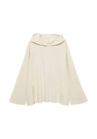 Kremowy, oversize hoodie z kapturem, szerokimi rękawami i przednimi kieszeniami, wykonany z miękkiego materiału o fakturowanym wykończeniu.
