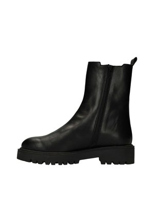 Black leather ankle boot with side zipper, chunky lug sole, and pull tab at the back, shown in side profile.
