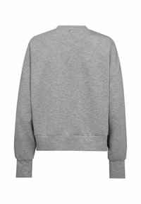 Grauer, kurzer Sweatshirt mit langen Ärmeln, gerippten Manschetten und einem runden Kragen. Der Stoff ist weich und hat ein dezentes Melange-Muster.
