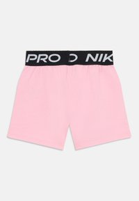 Shorts di cotone rosa con vita nera, caratterizzati dalla stampa bianca delle scritte "PRO" e "NIKE". Texture liscia e design semplice.