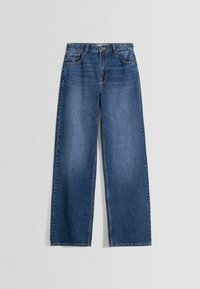 Wide-leg denim jeans in medium blue, with a faded wash, five-pocket design, and a zip fly. Sturdy fabric with frayed hem details.