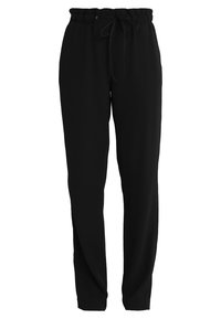 Svarta, lätta joggerbyxor med elastisk midja och dragsko. Avsmalnande ben och slät textur, lämpliga för avslappnad användning.