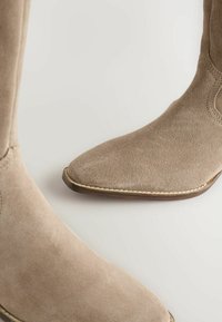 Taupe zamšne gležnjarji s koničastim nosom, šivi okoli podplata in gladka tekstura. Klasična zasnova s minimalnimi poudarki.