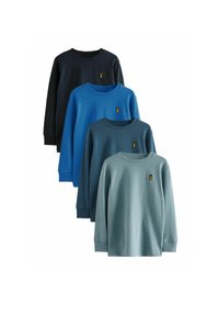 Vier Langarm-Sweatshirts in Dunkelblau, Hellblau, Türkis und Hellblau, mit einem kleinen gelben Logo auf der Brust. Aus Baumwollmaterial.
