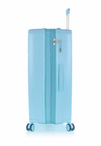 Lichtblauw harde koffer met telescopische handgreep, vier dubbele spinnerwielen, zijhandgreep en ingebouwd combinatieslot.