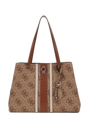 Borsa a spalla in tela monogramma marrone con una striscia verticale marrone e crema. Presenta manici doppi e un'etichetta decorativa con hardware in tono argento.