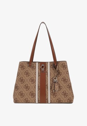 Tote bag van bruin monogramcanvas met een bruine en crèmekleurige verticale streep. Heeft dubbele handvatten en een decoratief label met zilverkleurige hardware.