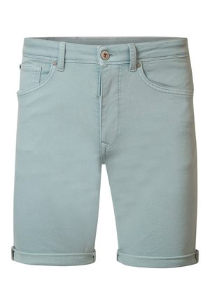 Lyseblå denimshorts med klassisk pasform, opsmøgte kanter, frontlommer og en knaplukning med metaldetalje.