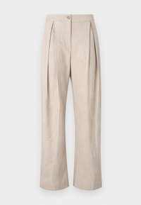 Pantalons en lin beige à taille haute, avec des plis avant et une fermeture à bouton unique. Design à jambes larges avec une texture lisse.