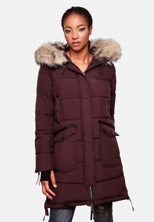 Burgundy padded parka jacket with a faux fur-lined hood, featuring large front pockets, black accents, and a zip closure.