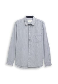 Gestreepte lange mouwen shirt in lichtblauw en wit, met een knoopsluiting aan de voorkant, kraag, enkele borstzak en manchet mouwen.